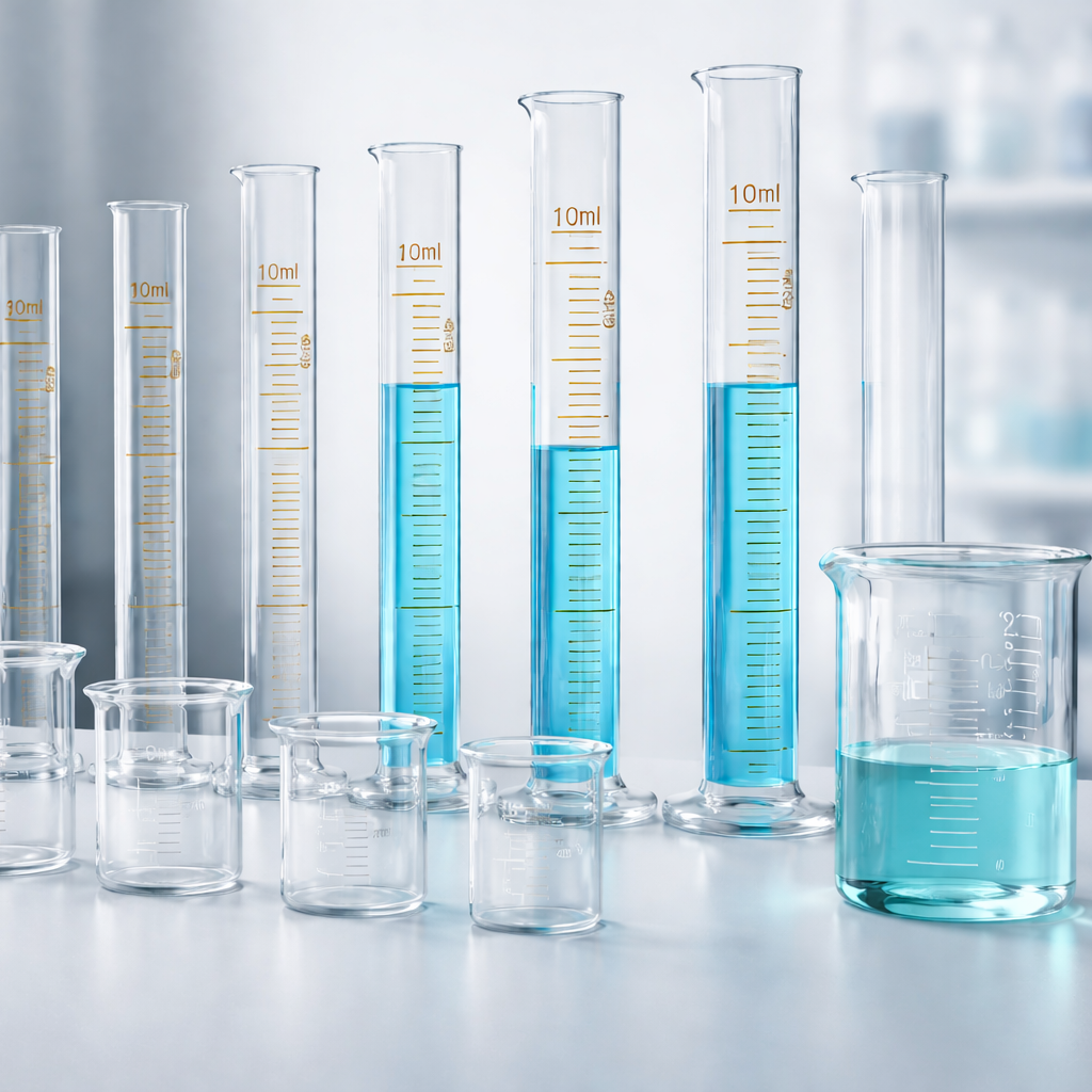 Set of laboratory beakers and graduated cylinders with blue liquid on a blurred background