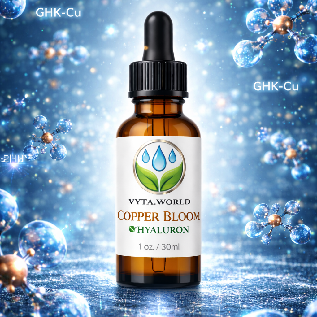 Vya World Copper Bloom Hyaluron bottle with dropper on a blue background with molecular structures.