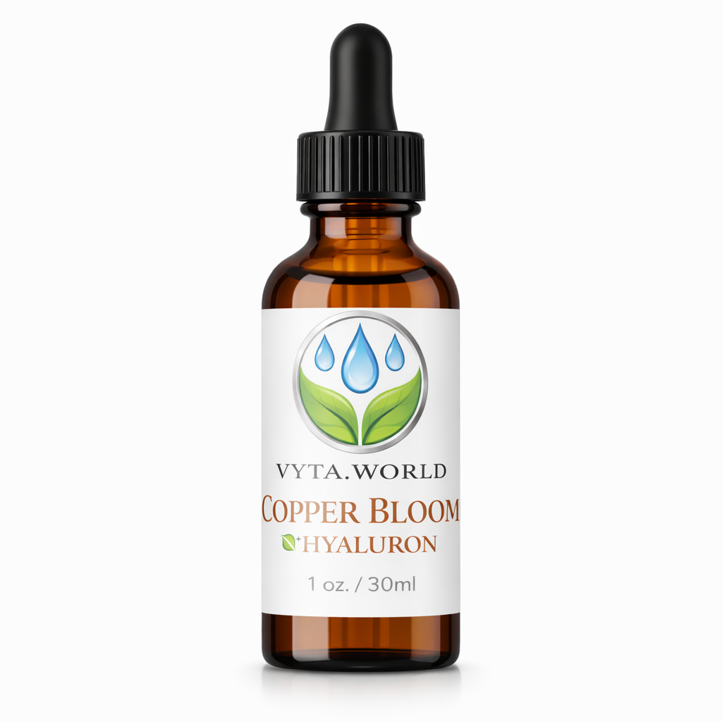 Brown glass bottle with dropper labeled 'Vyta World Copper Bloom Hyaluron' on a white background