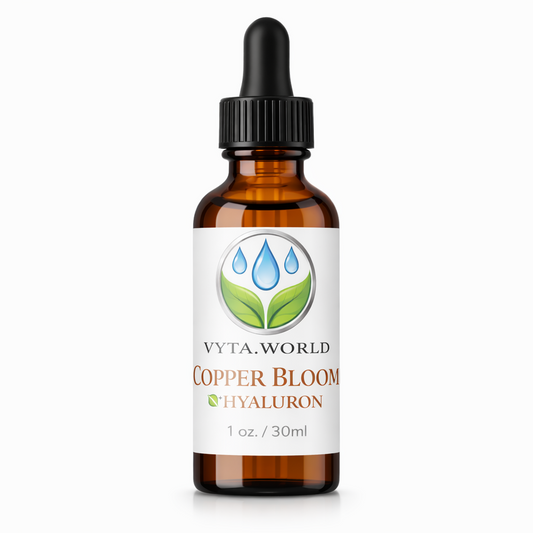 Brown glass bottle with dropper labeled 'Vyta World Copper Bloom Hyaluron' on a white background
