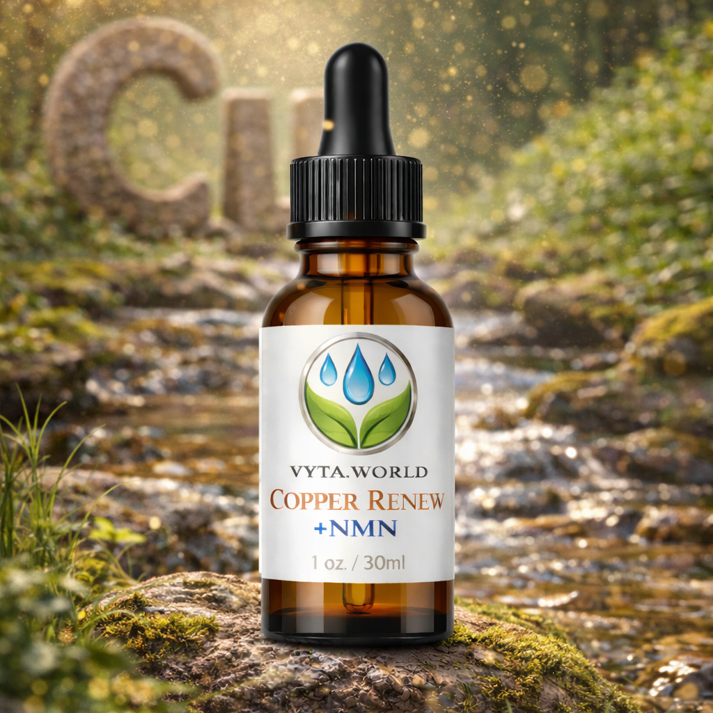 Bottle of Vyta World Copper Renew + NMN supplement on a natural background