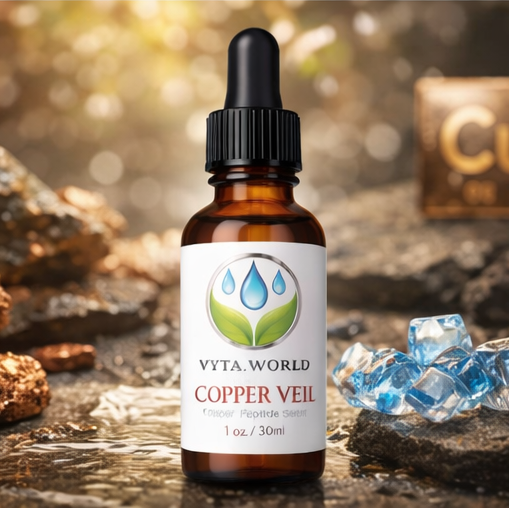 VYTA WORLD Copper Veil bottle with dropper on a natural background with rocks and ice cubes.