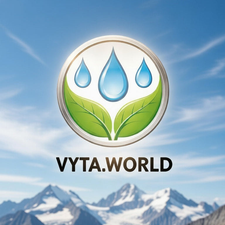 Vyta.World logo with water droplets and leaves against a mountainous landscape