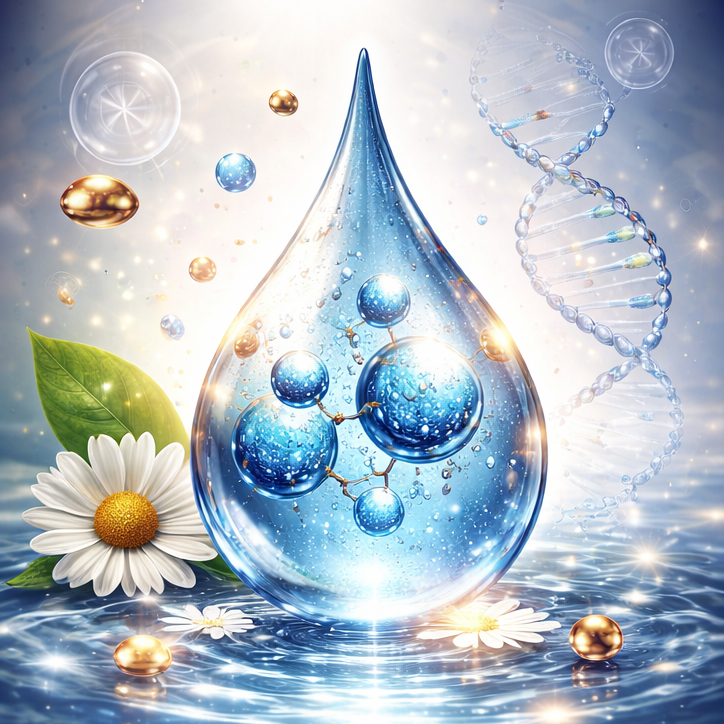 Blue water droplet with bubbles, a leaf, and a flower on a light blue background