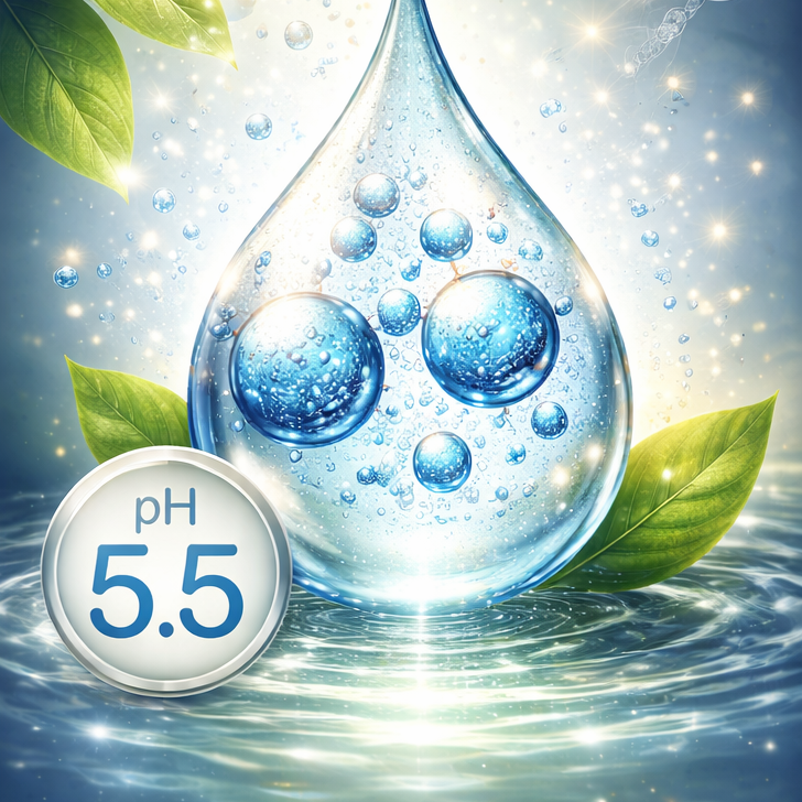 Water droplet with bubbles and pH 5.5 indicator surrounded by green leaves on a blue background